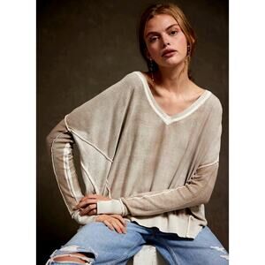 Free People Gibson V-Neck Pullover Long Sleeves Petrified Wood L